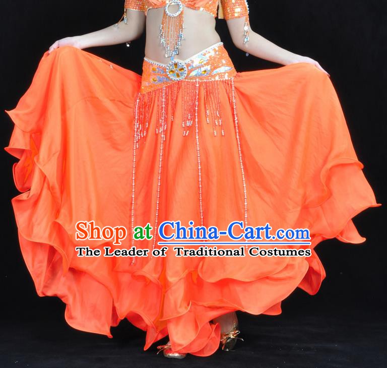 Asian Indian Belly Dance Costume Stage Performance Orange Expansion Skirt, India Raks Sharki Dress for Women