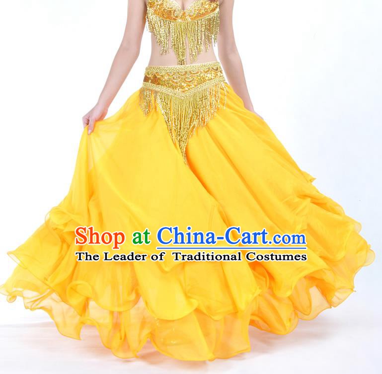 Asian Indian Belly Dance Costume Stage Performance Yellow Expansion Skirt, India Raks Sharki Dress for Women