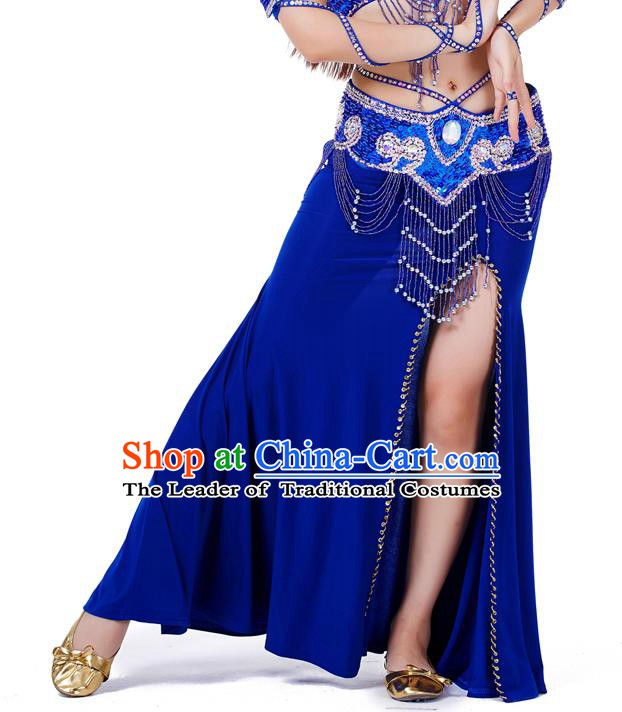 Top Indian Belly Dance Costume Royalblue Split Skirt, India Raks Sharki Clothing for Women