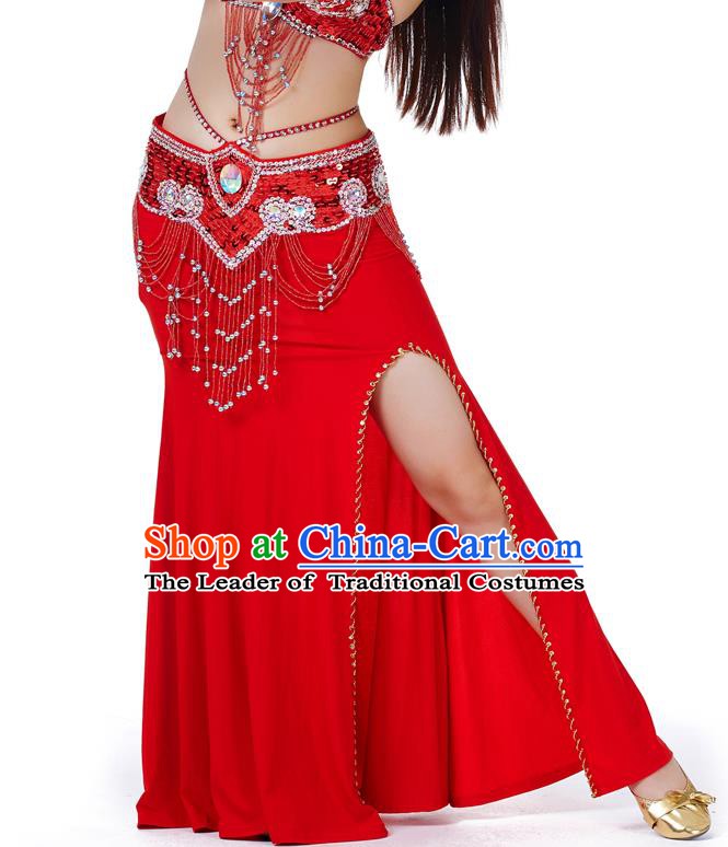 Top Indian Belly Dance Costume Red Split Skirt, India Raks Sharki Clothing for Women