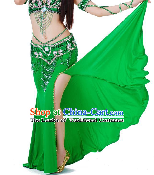 Top Indian Belly Dance Costume Green Split Skirt, India Raks Sharki Clothing for Women