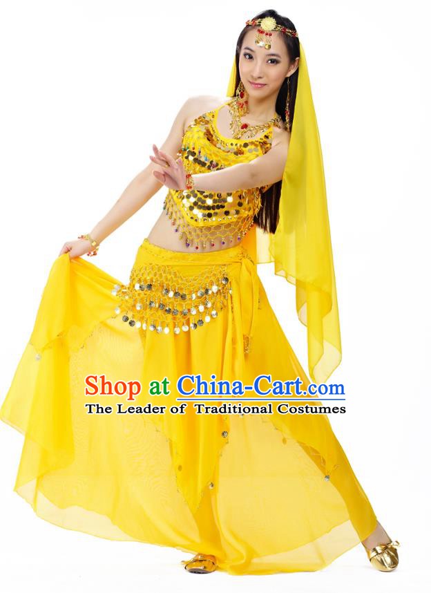Top Indian Belly Dance Costume Oriental Dance Yellow Dress, India Raks Sharki Clothing for Women