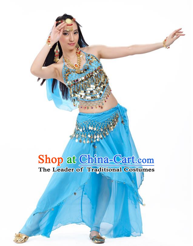 Top Indian Belly Dance Costume Oriental Dance Blue Dress, India Raks Sharki Clothing for Women