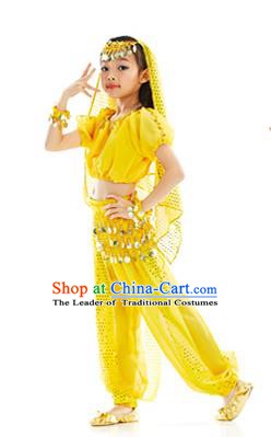 Top Indian Belly Dance Costume Oriental Dance Yellow Dress, India Raks Sharki Clothing for Kids
