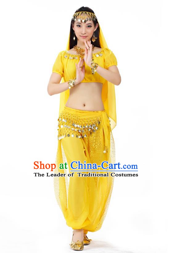 Top Indian Bollywood Belly Dance Costume Oriental Dance Yellow Dress, India Raks Sharki Clothing for Women