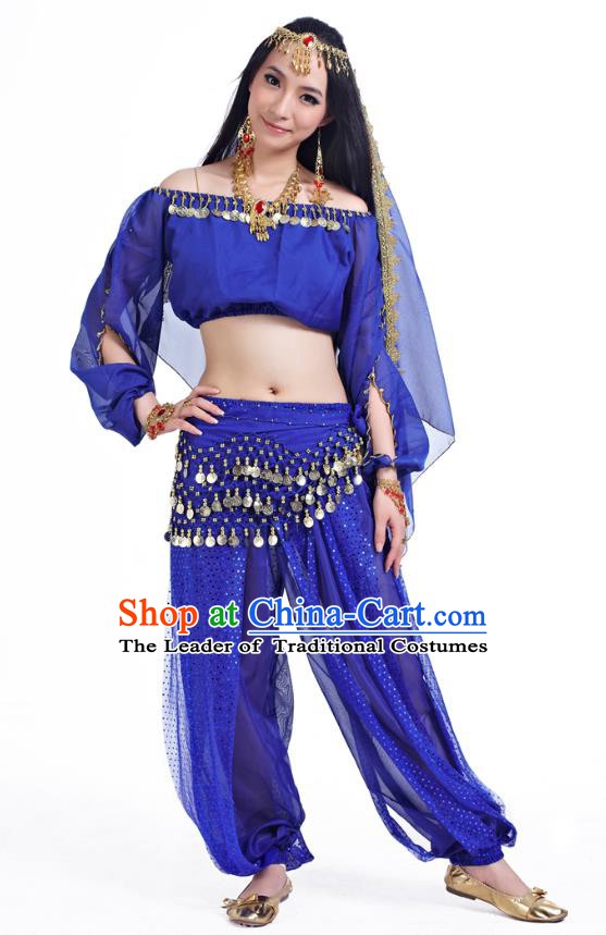 Top Indian Bollywood Belly Dance Royalblue Costume Oriental Dance Stage Performance Clothing for Women