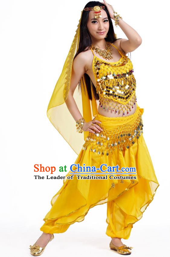 Indian Oriental Belly Dance Yellow Costume, India Raks Sharki Bollywood Dance Clothing for Women