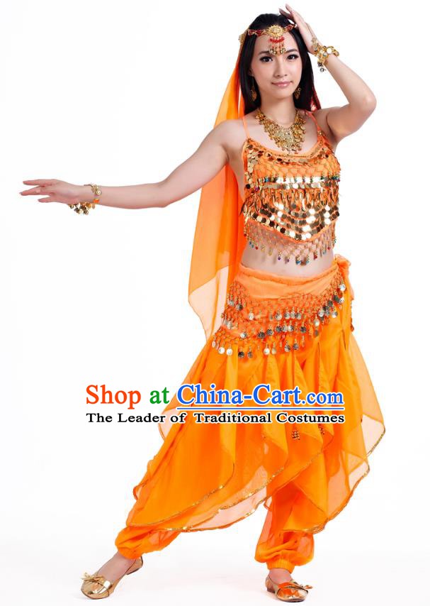 Indian Oriental Belly Dance Orange Costume, India Raks Sharki Bollywood Dance Clothing for Women