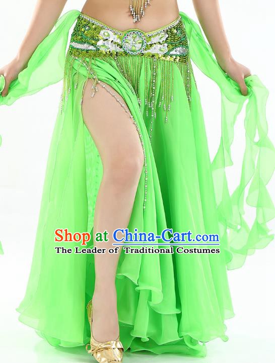 Top Indian Belly Dance Costume High Split Light Green Skirt Oriental Dance Stage Performance Clothing for Women