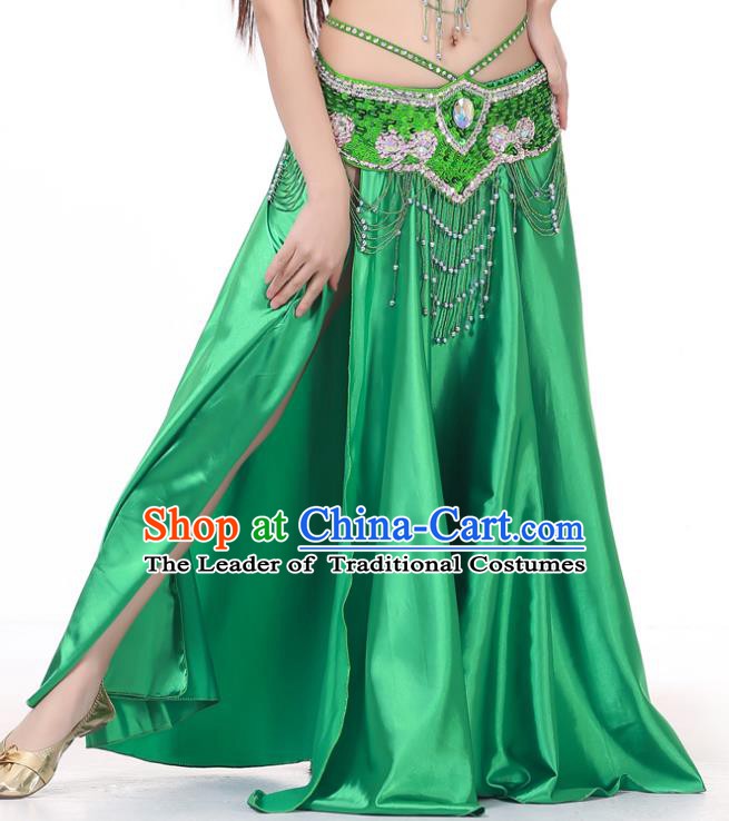 Indian Belly Dance Costume Bollywood Oriental Dance Green Satin Skirt for Women
