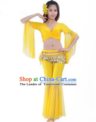 Asian Indian Belly Dance Training Yellow Uniform India Bollywood Oriental Dance Clothing for Women