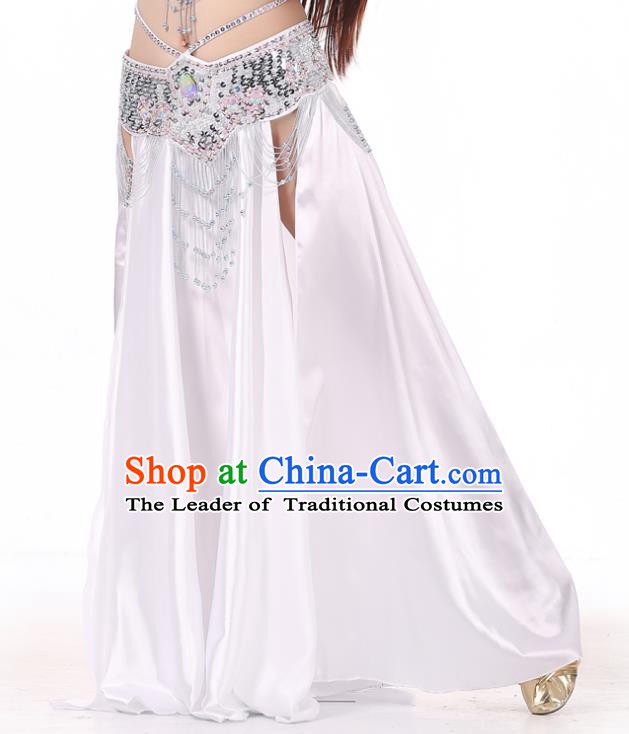 Indian Belly Dance Costume Bollywood Oriental Dance White Satin Skirt for Women