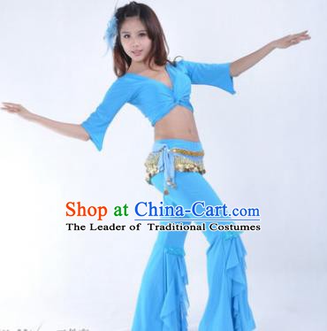 Indian Traditional Belly Dance Blue Uniform Asian India Oriental Dance Costume for Women
