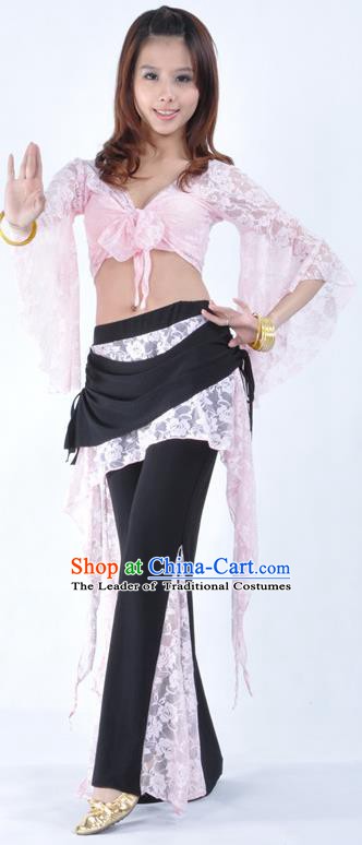 Indian Traditional Belly Dance Pink Lace Clothing Asian India Oriental Dance Costume for Women