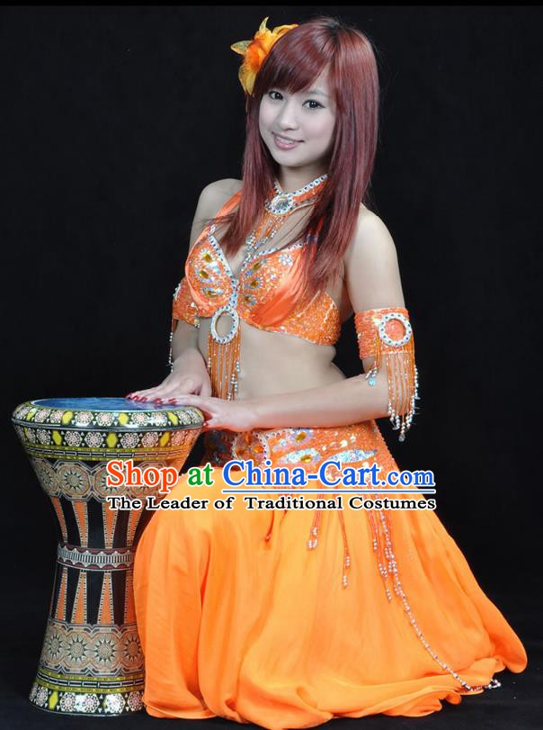 Indian Bollywood Belly Dance Orange Dress Clothing Asian India Oriental Dance Costume for Women