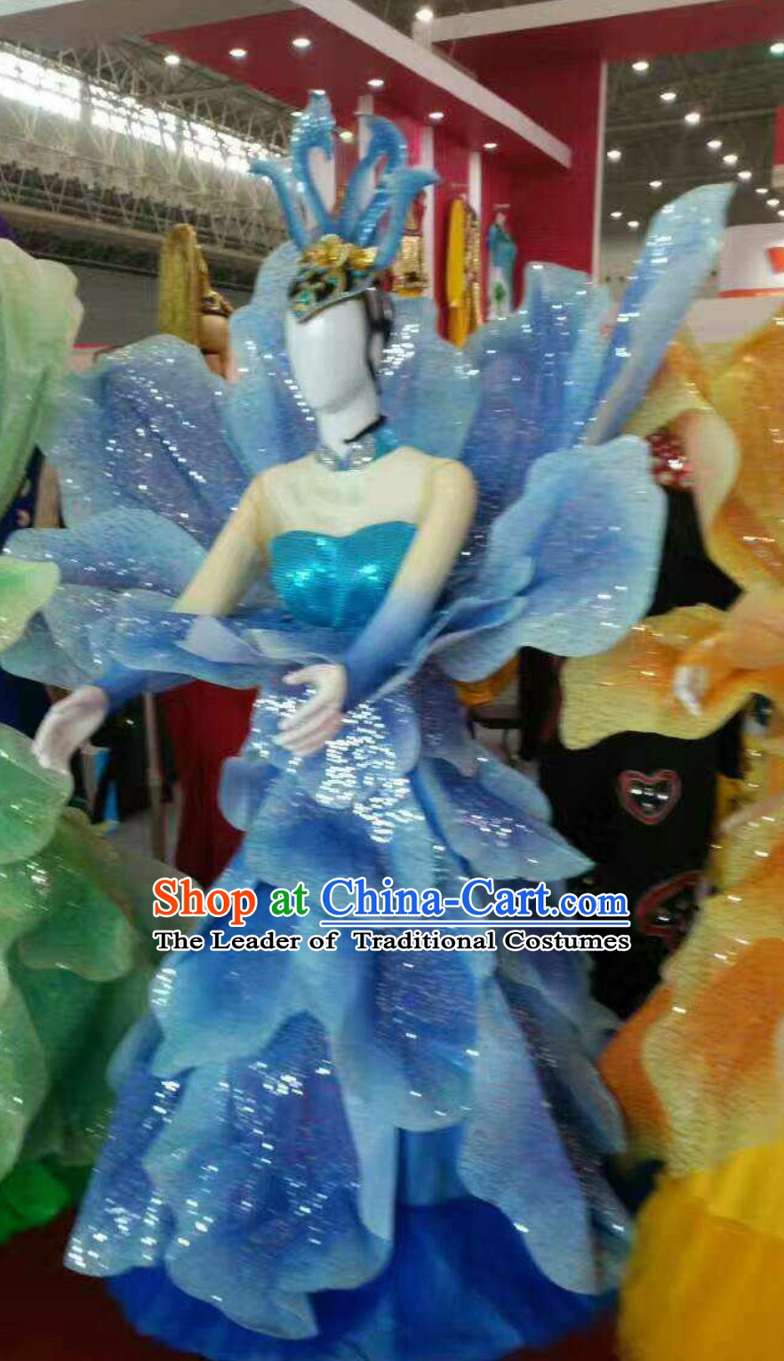 Blue Chinese Classical Flower Dance Costume Dancing Costumes and Headpieces Complete Set for Women