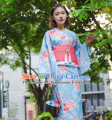 Asian Japanese Traditional Costumes Japan Kimono Blue Bathrobe Clothing for Women
