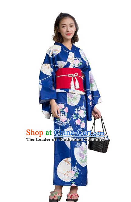 Asian Japanese Traditional Costumes Japan Kimono Printing Deep Blue Bathrobe Clothing for Women