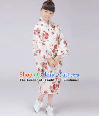 Asian Japanese Traditional Costumes Japan Satin Furisode Kimono Yukata Printing Rose Dress Clothing for Kids