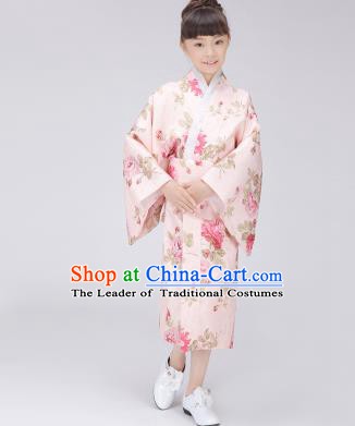 Asian Japanese Traditional Costumes Japan Satin Furisode Kimono Yukata Printing Pink Dress Clothing for Kids