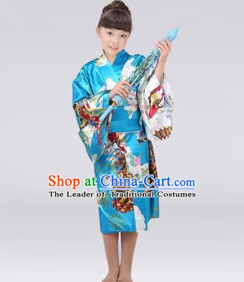 Asian Japanese Traditional Costumes Japan Satin Furisode Kimono Yukata Printing Blue Dress Clothing for Kids