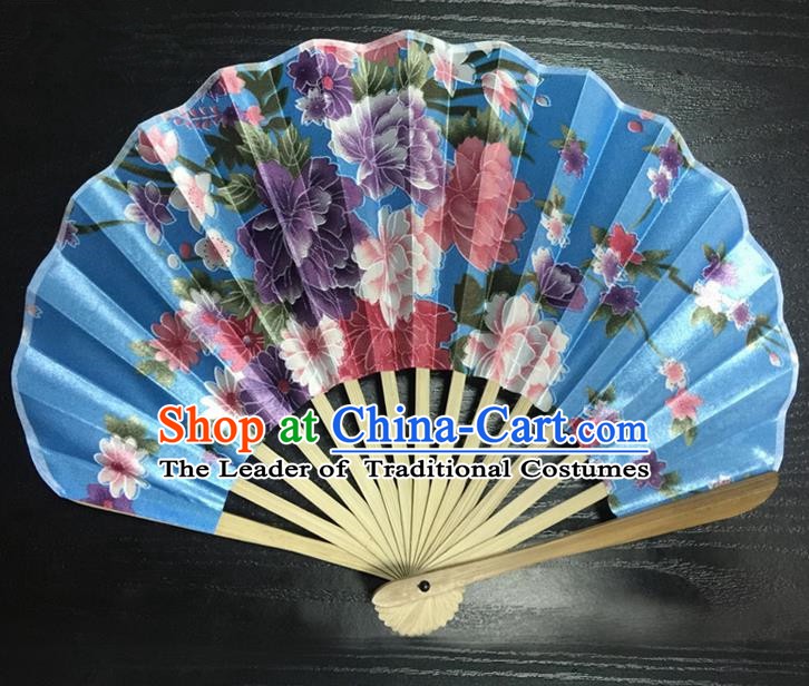 Asian Traditional Folding Fans Kimono Printing Flowers Blue Satin Fans Dance Fan for Women