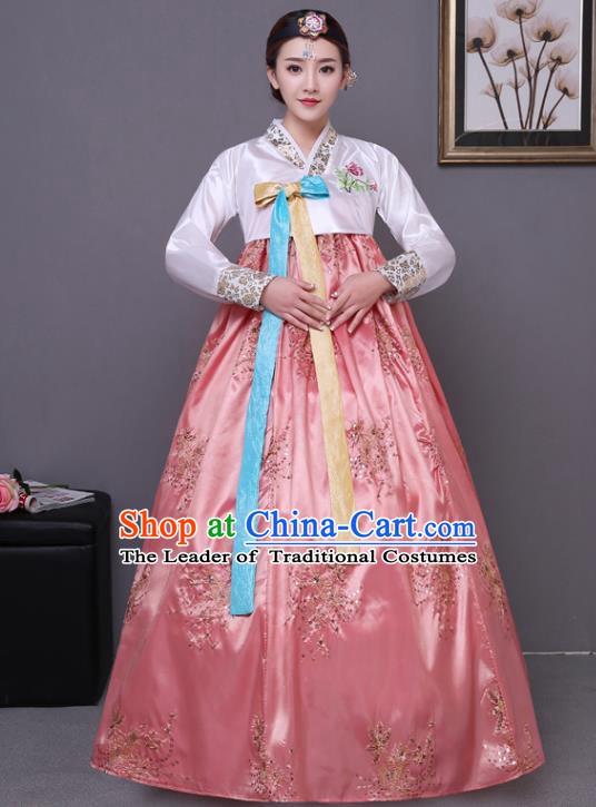 Asian Korean Dance Costumes Traditional Korean Hanbok Clothing White Blouse and Pink Paillette Dress for Women