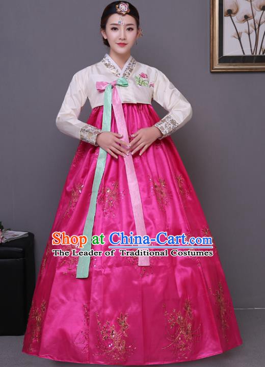 Asian Korean Dance Costumes Traditional Korean Hanbok Clothing White Blouse and Rosy Paillette Dress for Women