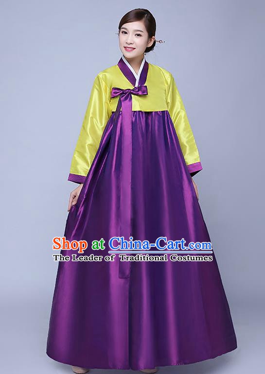 Asian Korean Dance Costumes Traditional Korean Hanbok Clothing Wedding Yellow Blouse and Purple Dress for Women