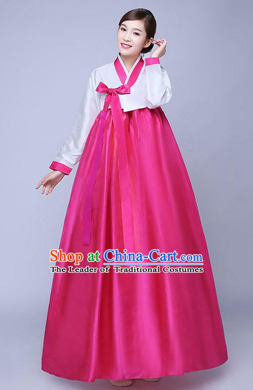 Asian Korean Dance Costumes Traditional Korean Hanbok Clothing Wedding White Blouse and Rosy Dress for Women