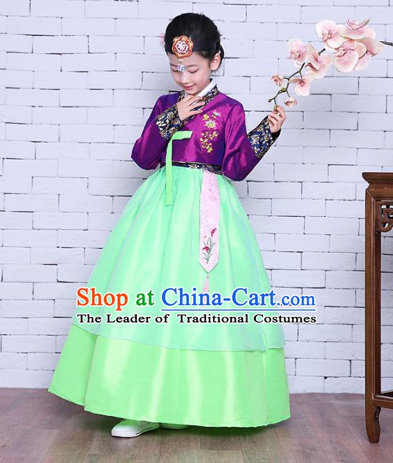 Asian Korean Dance Costumes Traditional Korean Children Hanbok Clothing Purple Blouse and Green Dress for Kids