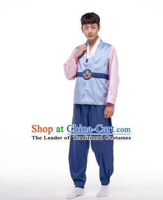 Asian Korean Palace Costumes Traditional Korean Bridegroom Light Blue Hanbok Clothing for Men