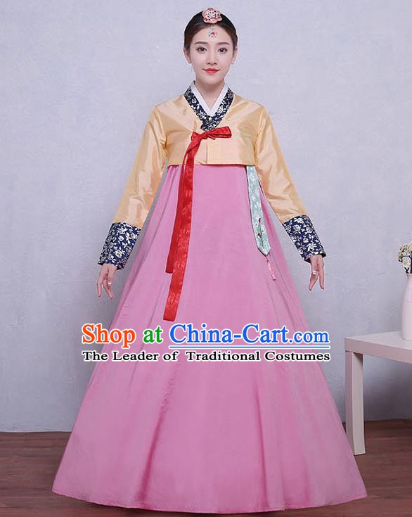 Asian Korean Dance Costumes Traditional Korean Dress Hanbok Clothing Yellow Blouse and Pink Skirt for Women