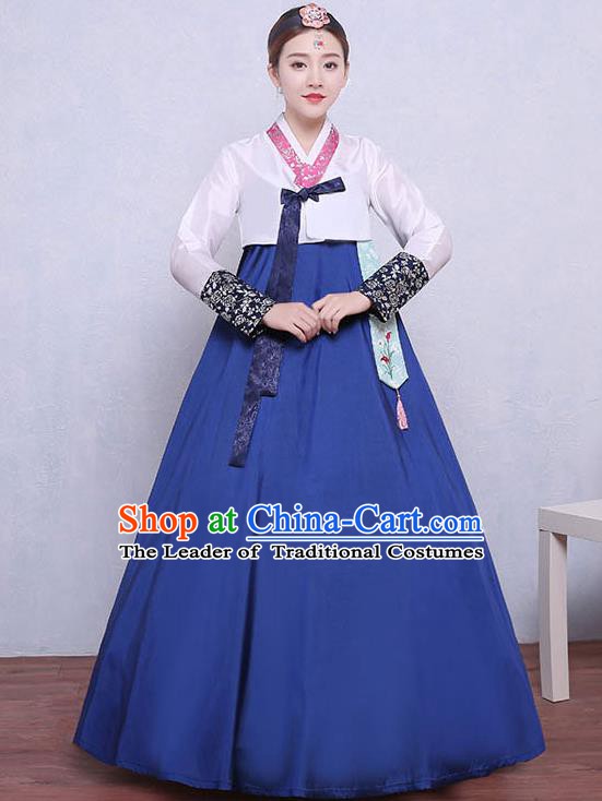 Asian Korean Dance Costumes Traditional Korean Dress Hanbok Clothing White Blouse and Blue Skirt for Women
