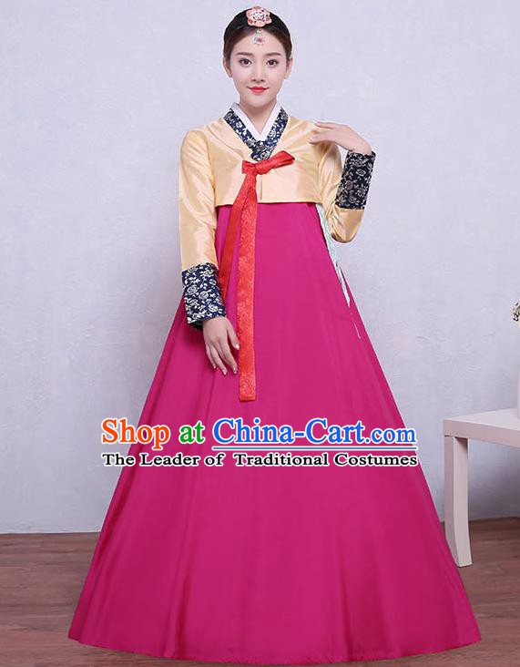 Asian Korean Dance Costumes Traditional Korean Dress Hanbok Clothing Yellow Blouse and Rosy Skirt for Women