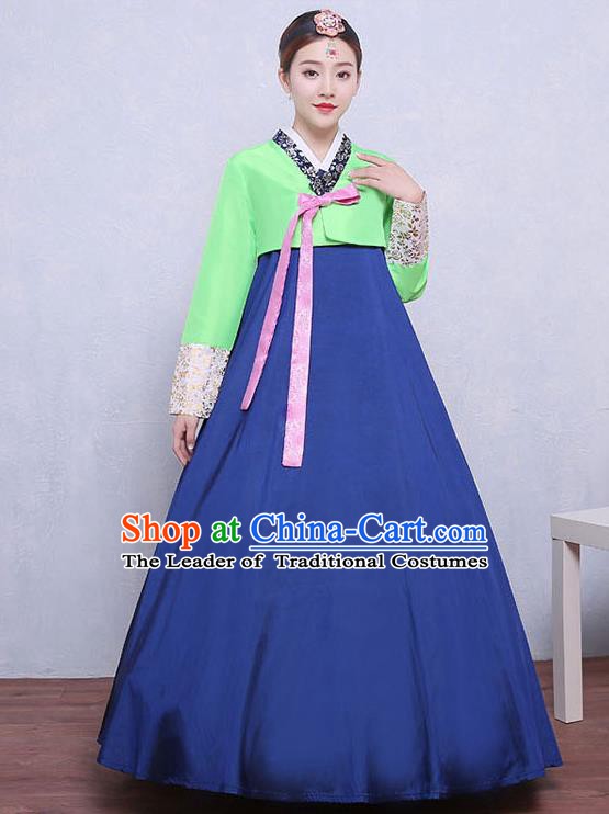 Asian Korean Dance Costumes Traditional Korean Hanbok Clothing Green Blouse and Navy Dress for Women