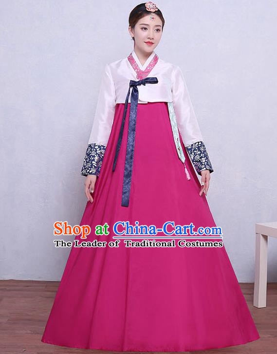 Asian Korean Dance Costumes Traditional Korean Hanbok Clothing White Blouse and Rosy Dress for Women