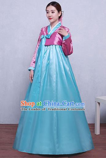 Asian Korean Dance Costumes Traditional Korean Hanbok Clothing Pink Blouse and Blue Dress for Women