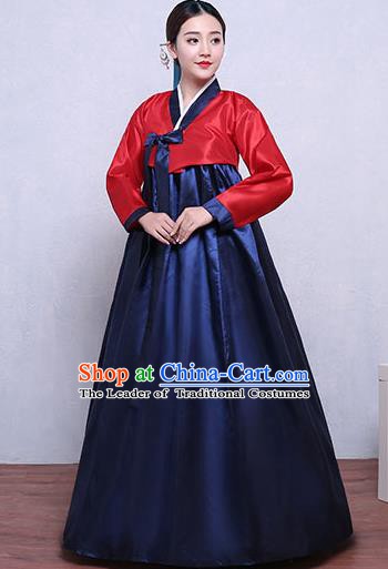 Asian Korean Dance Costumes Traditional Korean Hanbok Clothing Red Blouse and Navy Dress for Women