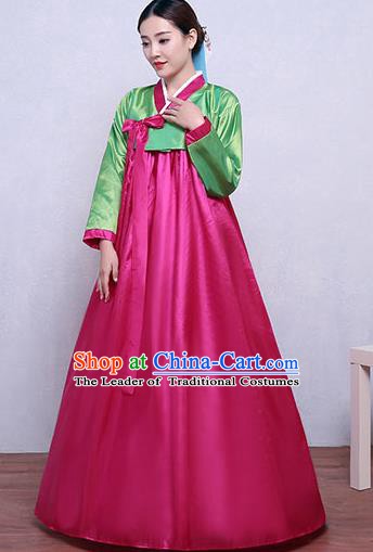 Asian Korean Dance Costumes Traditional Korean Hanbok Clothing Green Blouse and Rosy Dress for Women