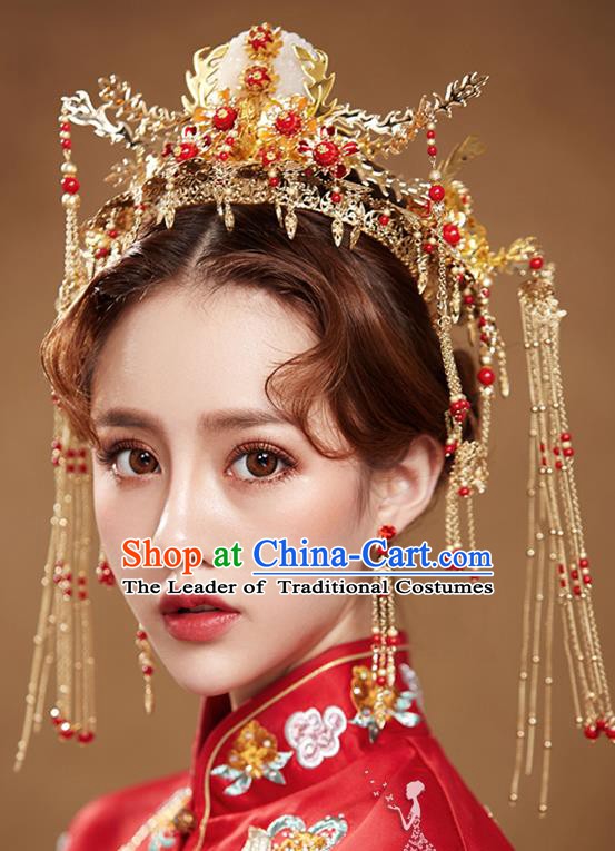 Chinese Handmade Classical Wedding Hair Accessories Ancient Tassel Hairpins Jade Phoenix Coronet for Women