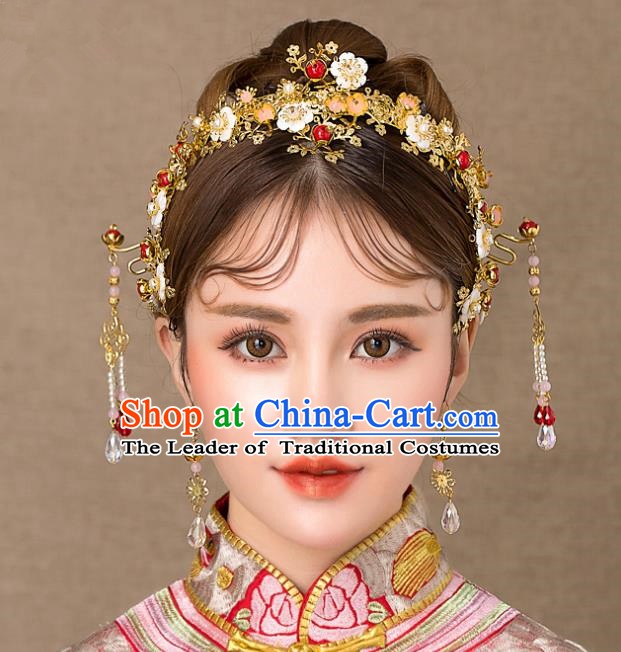 Chinese Handmade Classical Wedding Hair Accessories Ancient Shell Flowers Phoenix Coronet Hairpins Headdress for Women
