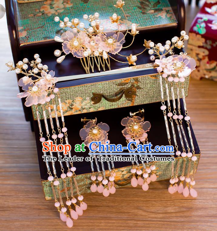 Chinese Handmade Classical Wedding Hair Accessories Ancient Tassel Hairpins Pink Flowers Hair Comb for Women