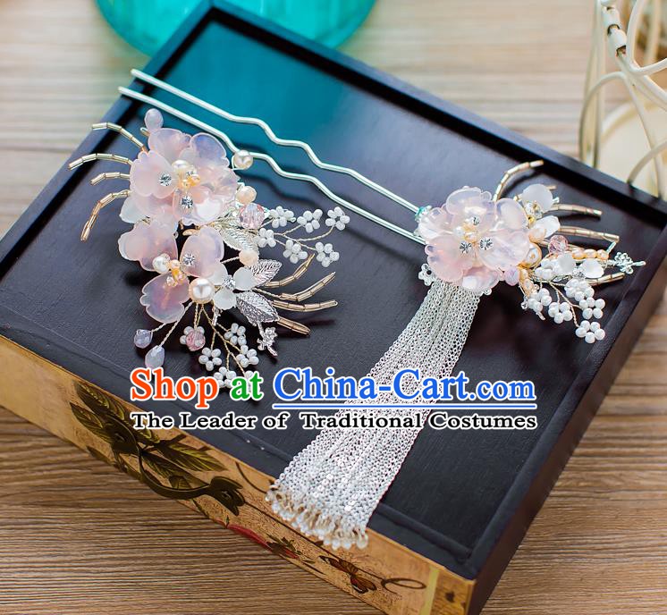 Handmade Classical Wedding Hair Accessories Bride Hair Stick Pink Flower Tassel Hairpins for Women