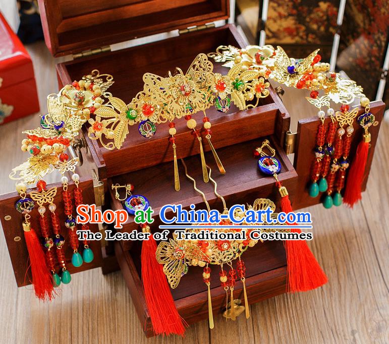 Chinese Handmade Classical Hair Accessories Ancient Butterfly Phoenix Coronet Tassel Hairpins for Women