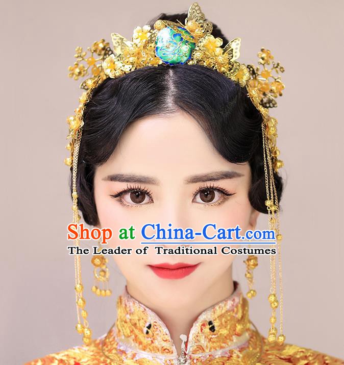 Chinese Handmade Classical Hair Accessories Ancient Bride Golden Butterfly Hair Clasp Tassel Hairpins for Women