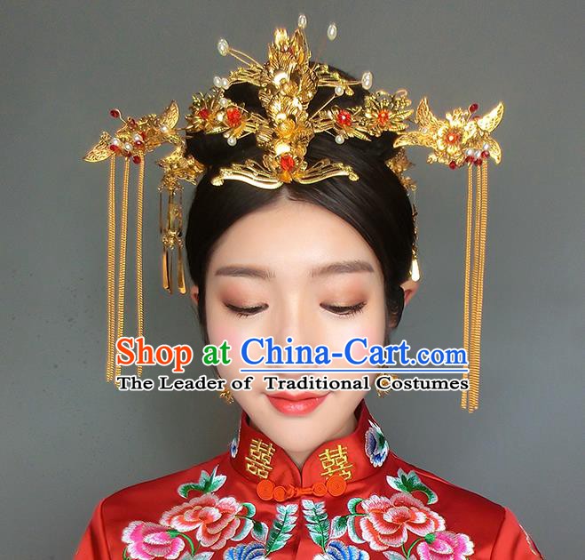 Chinese Handmade Classical Hair Accessories Ancient Xiuhe Suit Golden Hair Clip Tassel Hairpins for Women