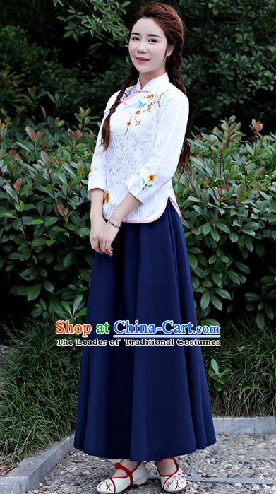 Traditional Republic of China Nobility Lady Costume Embroidered Cheongsam White Blouse and Navy Skirts for Women