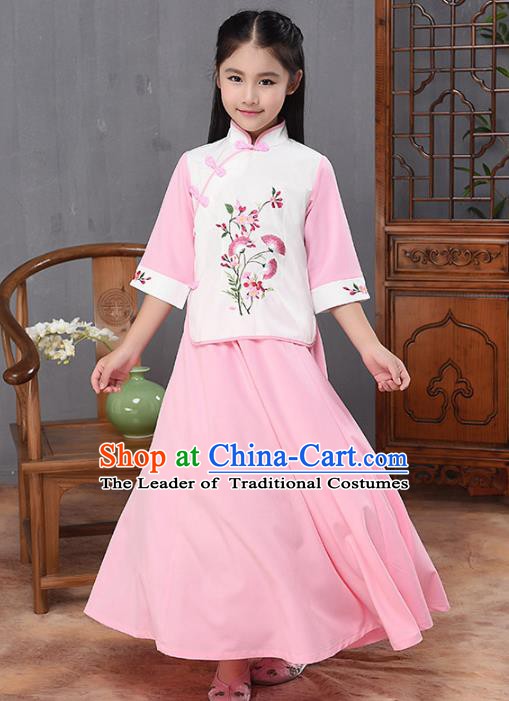 Traditional Republic of China Nobility Lady Costume Embroidered Cheongsam White Blouse and Pink Skirts for Kids