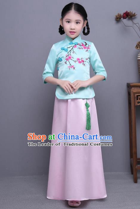 Traditional Republic of China Nobility Lady Costume Embroidered Cheongsam Blue Blouse and Pink Skirts for Kids